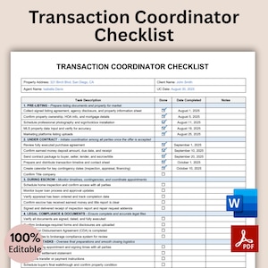 May include: A transaction coordinator checklist titled "Transaction Coordinator Checklist". The document lists tasks like preparing listing documents, coordinating with parties, and legal compliance. It's 100% editable and features Word and PDF icons.