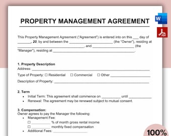 May include: A white Property Management Agreement document with the title in bold black text. The document includes sections for property description, term, compensation, and responsibilities. The document also includes the text "100% Editable".
