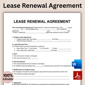 May include: A white and black Lease Renewal Agreement document with the title "Lease Renewal Agreement" at the top. The document includes sections for original lease information, renewal terms, rent, and security deposit. The document is 100% editable.