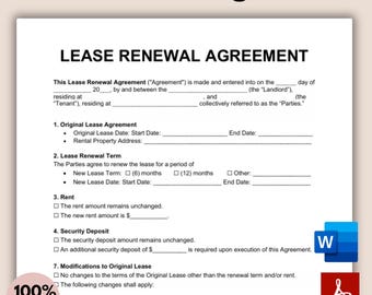 Editable Lease Renewal Agreement, Lease Extension Contract, Lease Agreement, Residential Lease, Landlord Template Lease Extension Agreement