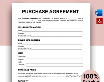 Purchase Agreement, Purchase and Sale Contract, Contract of Sales, Purchase Contract for Business, Sales Contract, Printable Contract