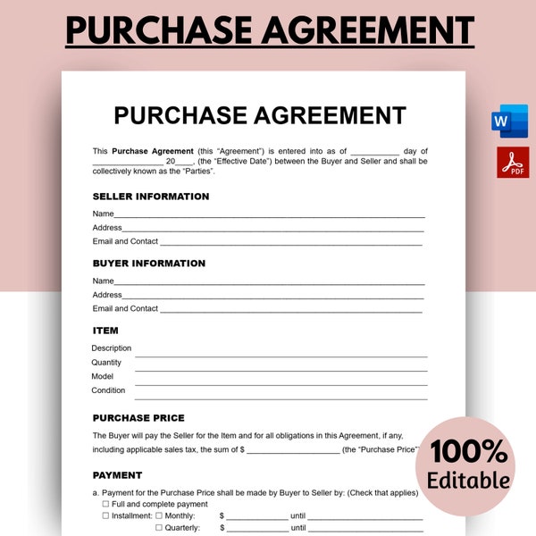 Purchase Agreement, Purchase and Sale Contract, Contract of Sales, Purchase Contract for Business, Sales Contract, Printable Contract