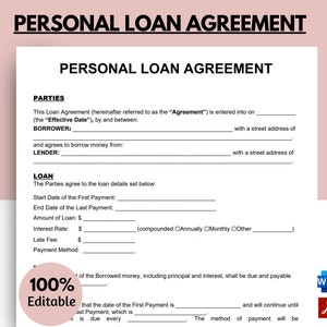 Personal Loan Agreement, Loan Agreement, Personal Loan Template, Loan Contract, Personal Loan, IOU, Loan form, Promissory Note