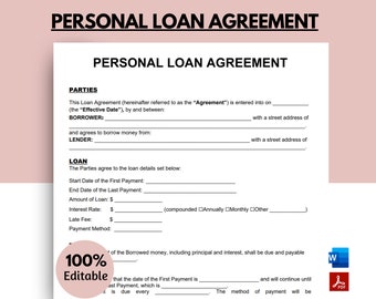 Personal Loan Agreement, Loan Agreement, Personal Loan Template, Loan Contract, Personal Loan, IOU, Loan form, Promissory Note