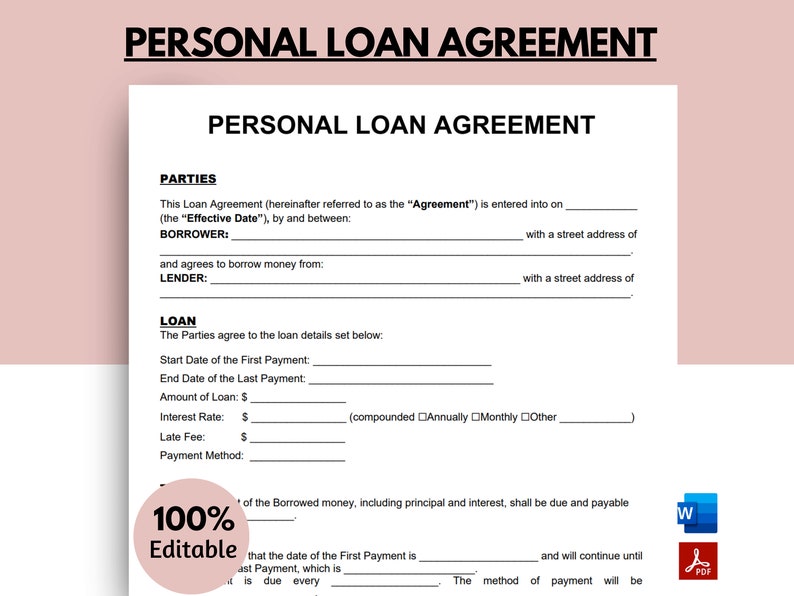 Personal Loan Agreement, Loan Agreement, Personal Loan Template, Loan Contract, Personal Loan, IOU, Loan form, Promissory Note image 1