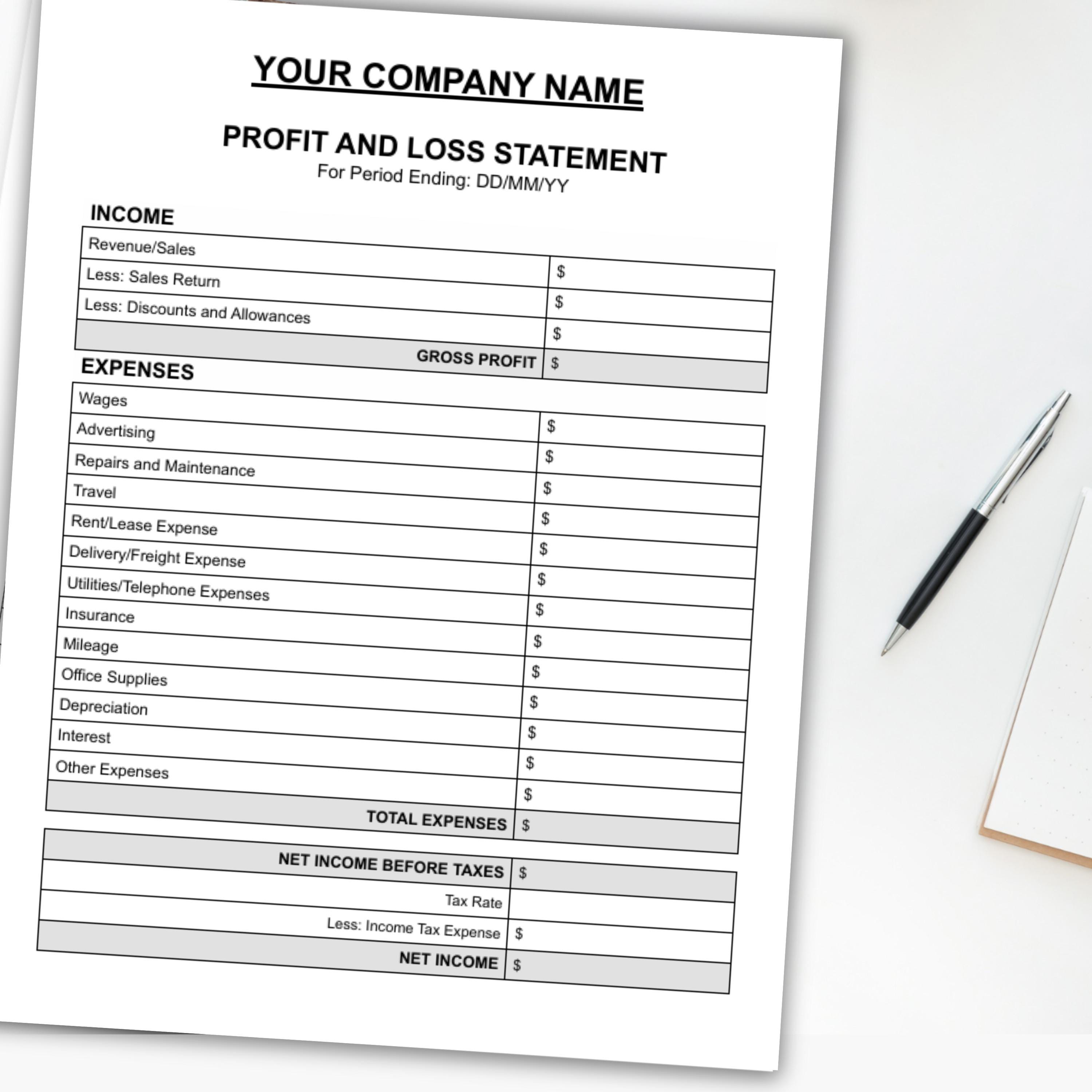 Profit and Loss Statement Template, Expense Report, Income Statement