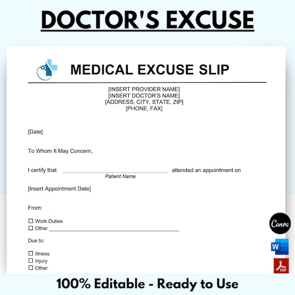 Doctor Excuse Template, Doctor Excuse For Work, Doctor Excuse Letter, Doctor Note For Work, Doctor Notes, Excuse Letter, Instant Download