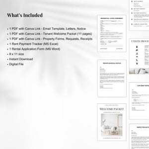 May include: A digital download package with various real estate forms and templates. Includes a residential lease agreement, welcome packet, and rent payment tracker. The documents are 8 x 11 inches in size and available for instant download.