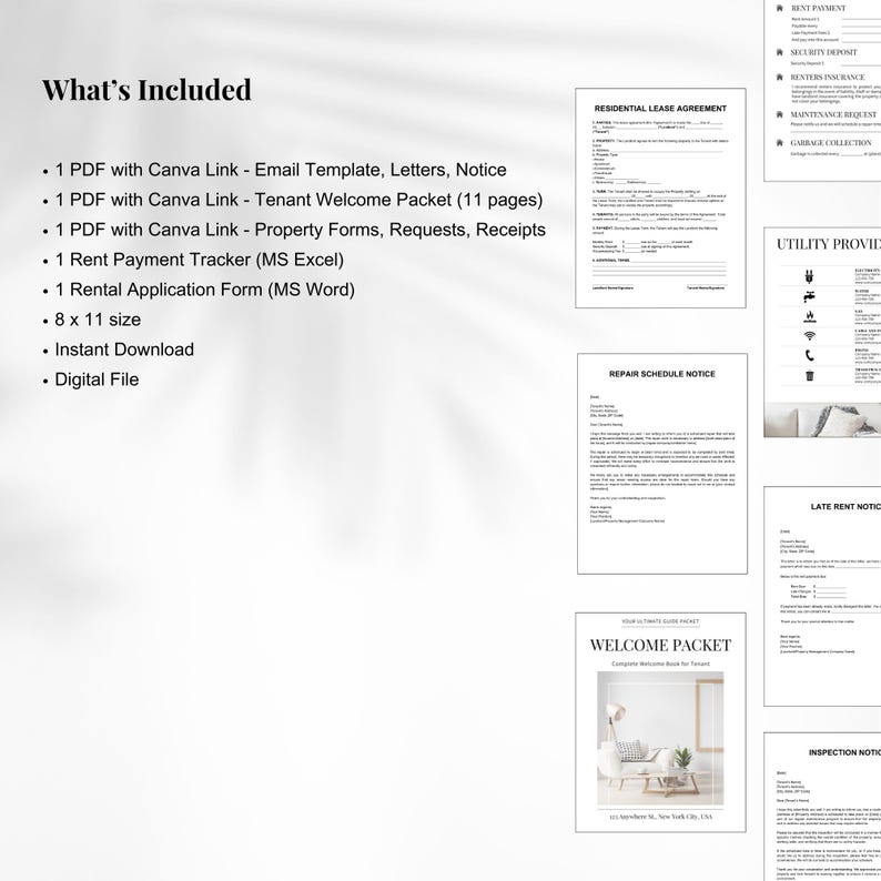 May include: A digital download package with various real estate forms and templates. Includes a residential lease agreement, welcome packet, and rent payment tracker. The documents are 8 x 11 inches in size and available for instant download.