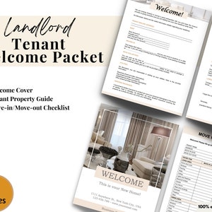 K&ouml;nnte beinhalten: Ein Willkommenspaket f&uuml;r Mieter mit einem beige-braunen Farbschema. Das Paket enth&auml;lt ein Willkommens-Deckblatt, einen Mieter-Eigentumsf&uuml;hrer und eine Checkliste f&uuml;r den Ein- und Auszug. Das Paket enth&auml;lt auch eine Willkommensnachricht mit dem Text "Willkommen! Dies ist Ihr neues Zuhause!"