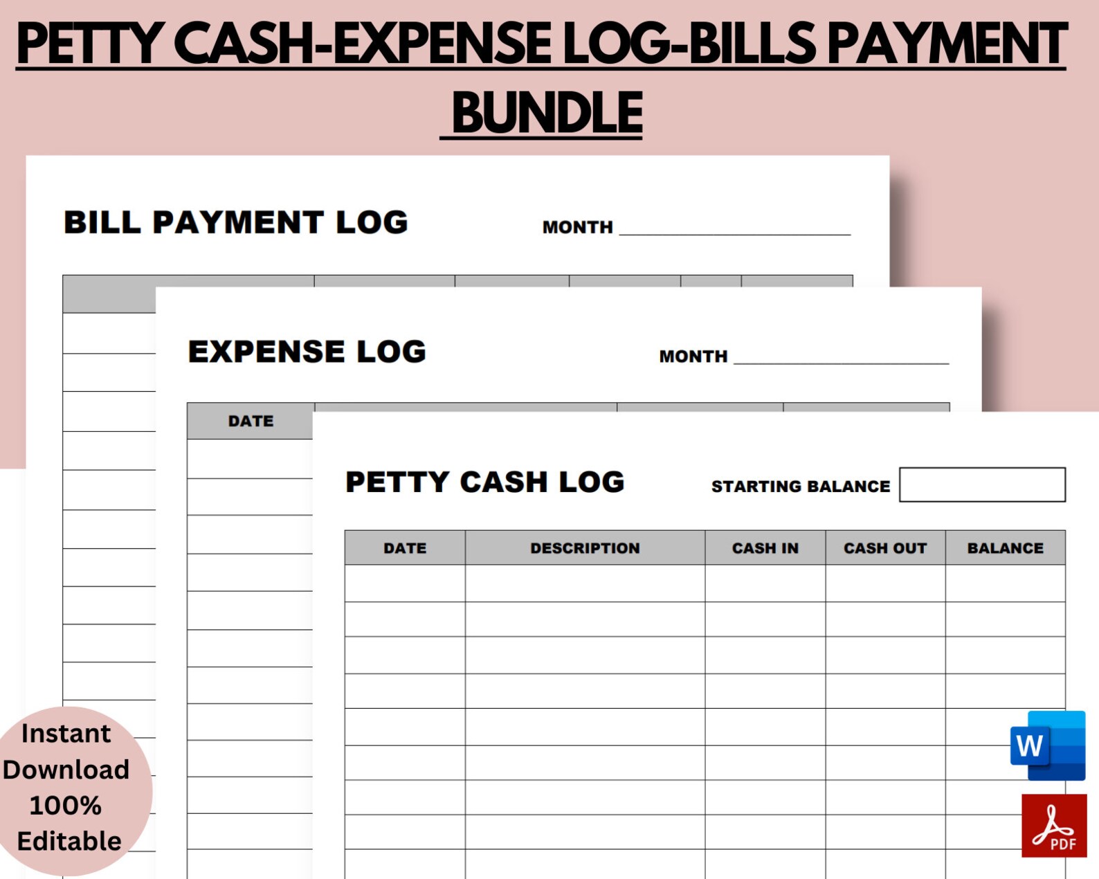 Petty Cash Log, Petty Cash Form, Bookkeeping, Bill Payment Tracker