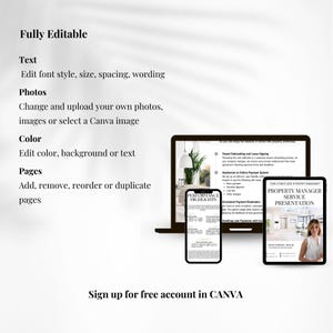 K&ouml;nnte beinhalten: Ein digitales Marketingbild mit einem Laptop, Tablet und Smartphone, die bearbeitbare Vorlagen anzeigen. Der Text hebt Funktionen wie bearbeitbaren Text, Fotos und Farboptionen hervor. Das Bild enth&auml;lt auch den Text "Sign up for free account in CANVA."