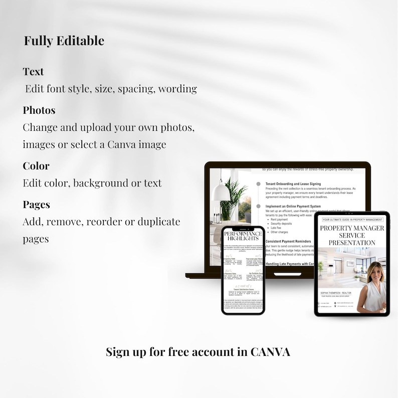 K&ouml;nnte beinhalten: Ein digitales Marketingbild mit einem Laptop, Tablet und Smartphone, die bearbeitbare Vorlagen anzeigen. Der Text hebt Funktionen wie bearbeitbaren Text, Fotos und Farboptionen hervor. Das Bild enth&auml;lt auch den Text "Sign up for free account in CANVA."