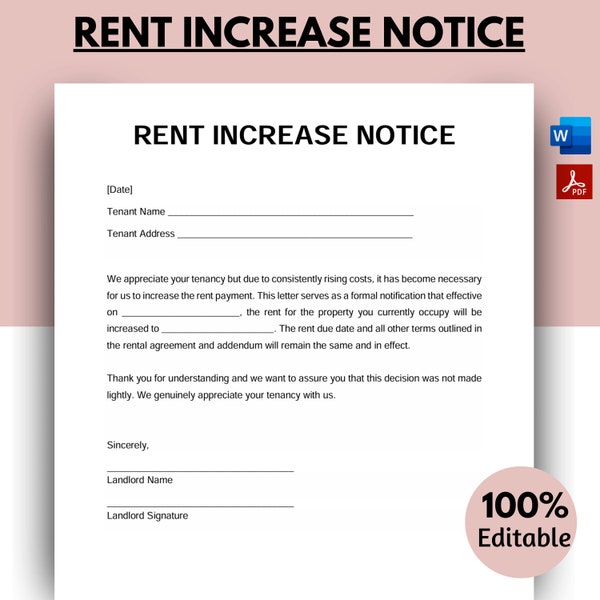 Rent Increase Notice, Rent Increase Letter, Rent Increase Form, Editable Notice of Rent, Tenant Notice, Rent Increase WORD