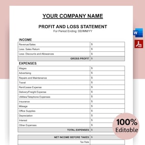 May include: A black and white printable profit and loss statement template for a business. The template includes sections for income, expenses, gross profit, total expenses, net income before taxes, and tax rate.