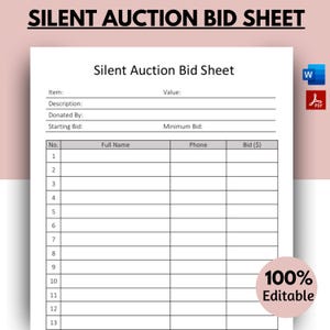 Silent auction bid sheet, Silent auction bid sheets downloadable, Silent auction template, Silent auction bid form, Fundraiser form