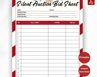 Silent auction bid sheet christmas, PRINTABLE silent auction bid sheets, Silent auction template, Silent auction bid form, Fundraiser form