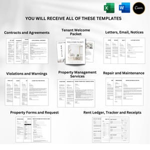 May include: A collection of property management templates, including contracts, welcome packets, and notices. The image displays various document layouts with headings like "Contracts and Agreements" and "Rent Ledger, Tracker and Receipts."