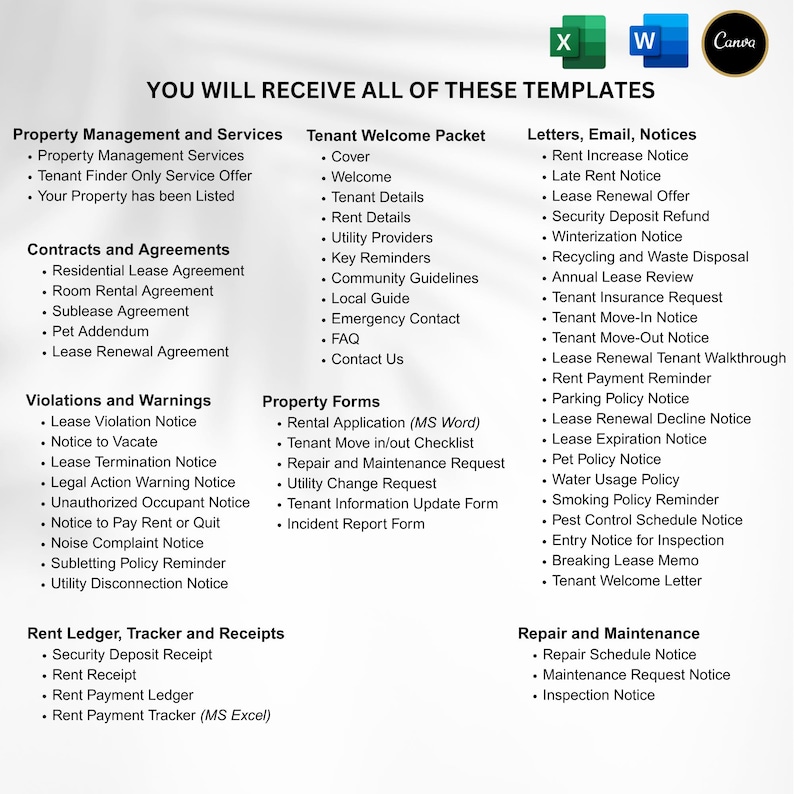 May include: A digital document with a list of property management templates, including contracts, agreements, and notices. The document is organized into categories such as "Property Management and Services" and "Letters, Email, Notices."