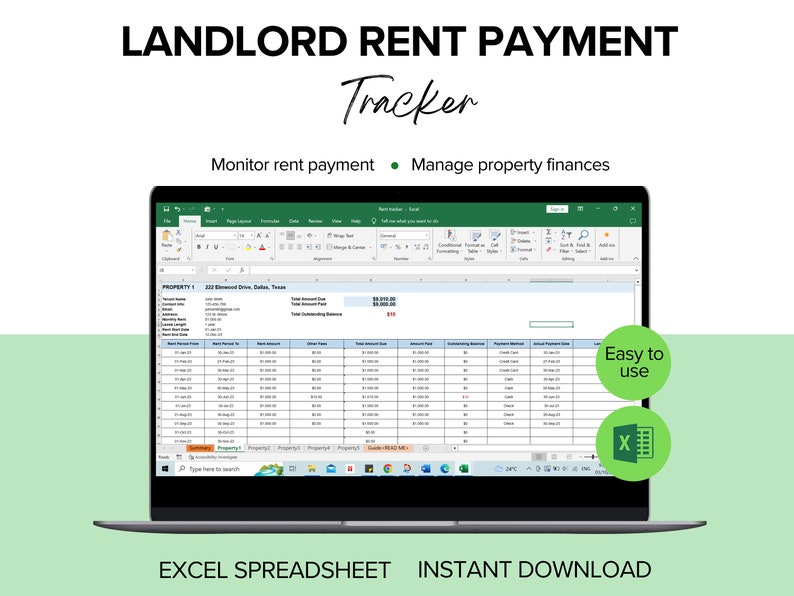 Rent Payment Tracker, Landlord Spreadsheet, Rent Payment Ledger, Property Spreadsheet, Rental Property Tracker image 3