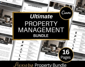 May include: A black and gold graphic with the text "Ultimate Property Management Bundle" and "Luxury Property Bundle". The graphic features a welcome sign with the text "This is your new home!" and a list of utility services with icons. The graphic also includes a black and white image of a living room with a couch and a coffee table.