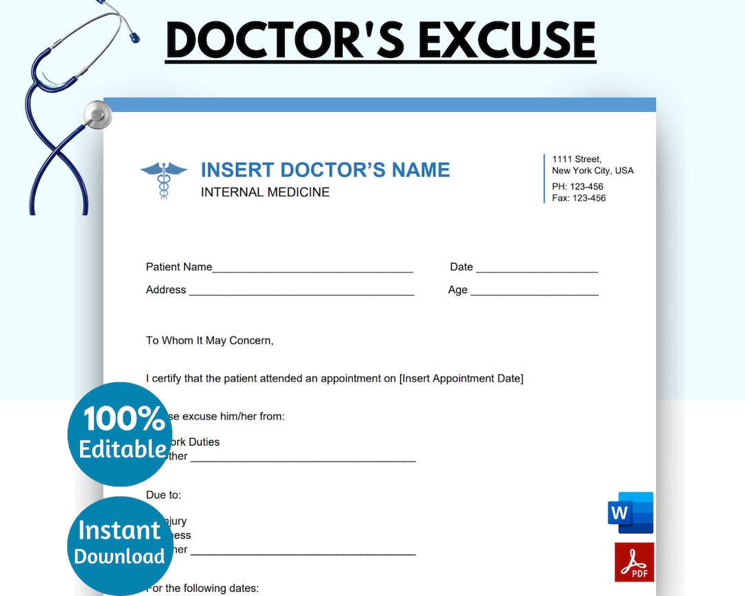 Doctor Excuse Template Doctor Excuse for Work Doctor Excuse Etsy Doctor Excuse Template Doctor Excuse for Work Doctor Excuse Etsy