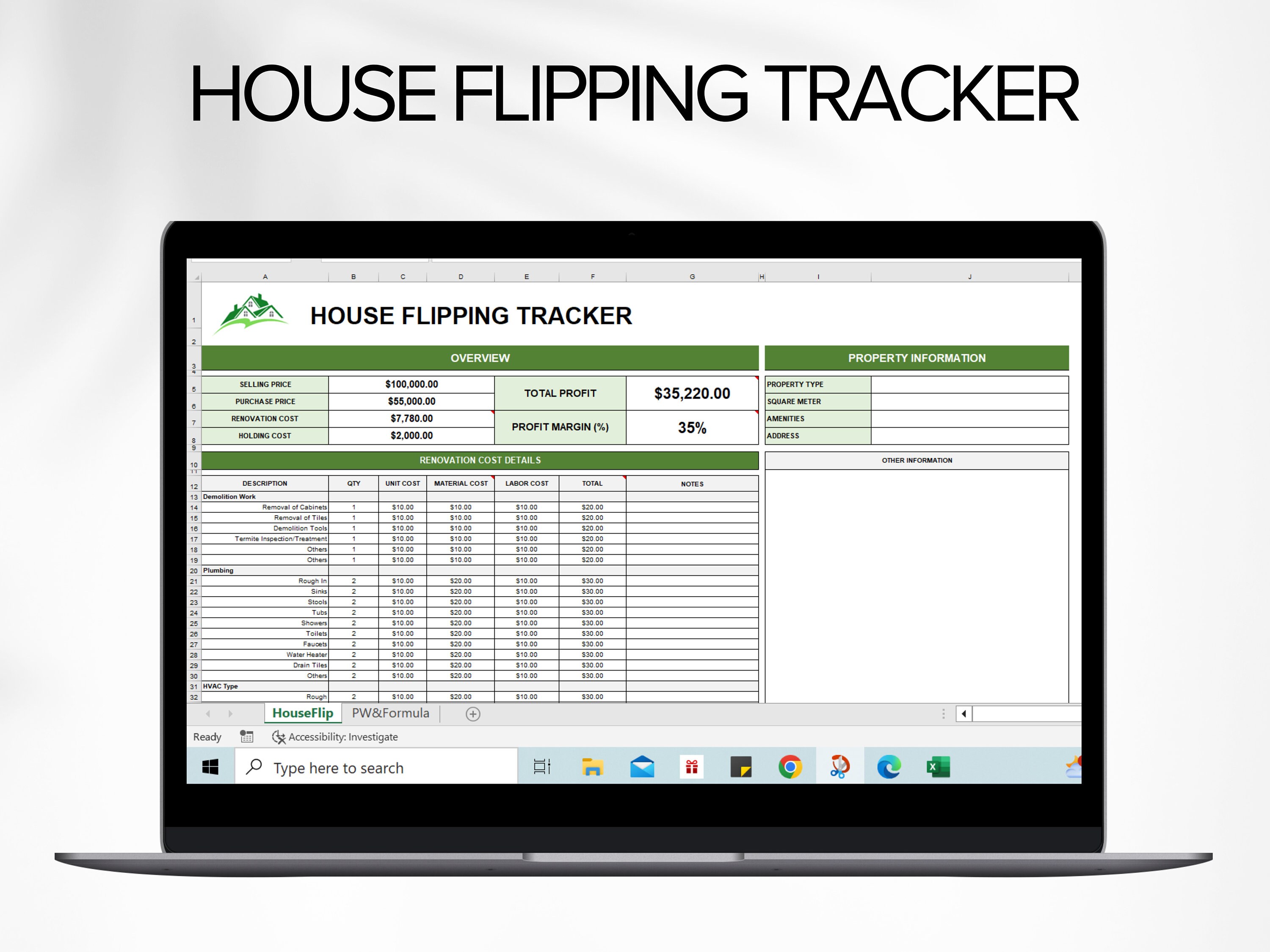 House Flip Tracker, House Flip Spreadsheet, Property Flipping, Property