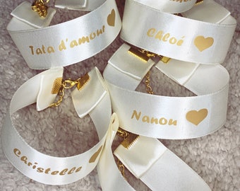 Bracelets rubans prénoms, date, faveurs mariage, cadeaux témoins et invités