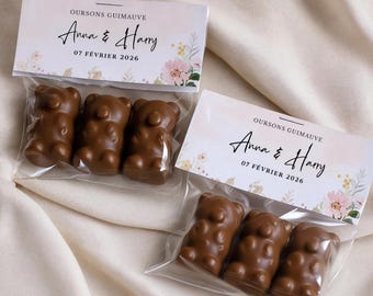 Sacolas personalizadas de ursos de chocolate com marshmallow, lembrancinhas originais para casamentos, batizados e aniversários.