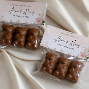 Sachets oursons chocolat guimauve personnalisés, cadeaux invités mariage, baptême, anniversaires, original