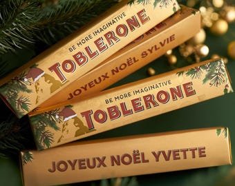 Toblerone personnalisé Noël, chocolat cadeau invité, idée cadeau gourmand fête, étiquette sur mesure, cadeau collègues entreprise ou proches