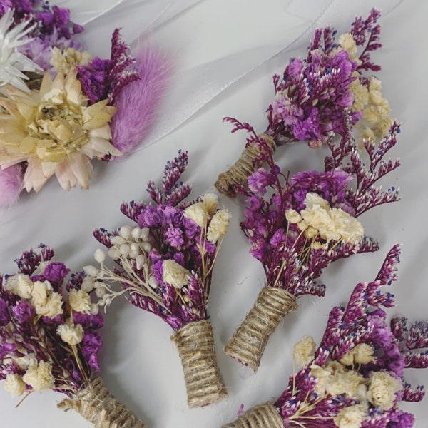 Boutonnière de mariage, fleurs séchées et stabilisées, pour la mariée ou le marié, accessoire à porter, bohème, champêtre