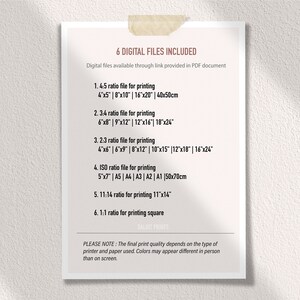 May include: A white and black printable digital download guide with the text "6 Digital Files Included" and a list of different print ratios and sizes for printing, including 4x5, 3x4, 2x3, ISO, 11x14, and 1x1.
