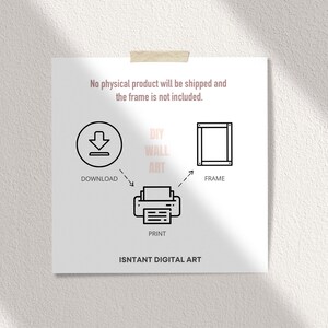 May include: A digital illustration showing the steps to create DIY wall art. The steps are: download, print, and frame. The text "ISNTANT DIGITAL ART" is at the bottom of the image.