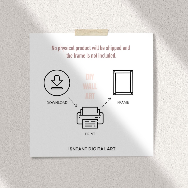 May include: A digital illustration showing the steps to create DIY wall art. The steps are: download, print, and frame. The text "ISNTANT DIGITAL ART" is at the bottom of the image.