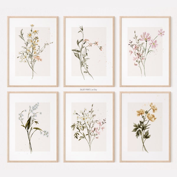 Aquarel bloemen 6-delige kunstafdrukken, aquarel kunstafdrukken, bloemsierkunstafdrukken, set van 6 prenten, digitale bloemenkunst, afdrukbare kunstafdrukken