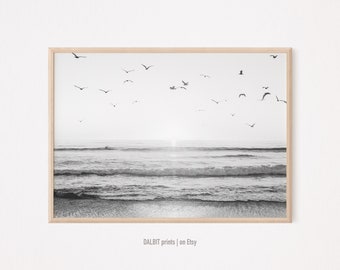 Black and White Beach Photography, Black and White Wall Art, Ocean Waves Wall Art, Minimalist Wall Art, California Photo, Instant Download