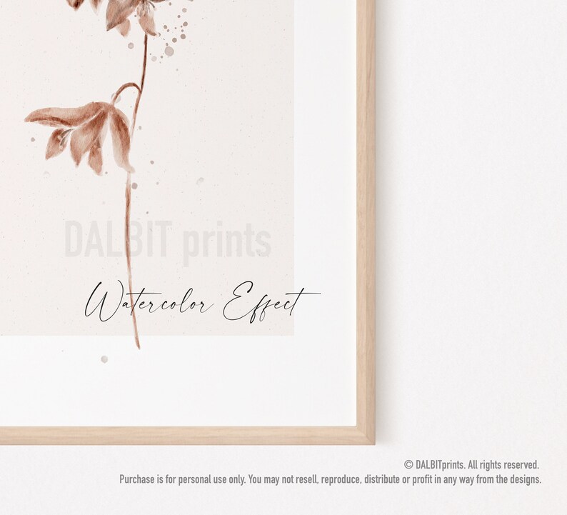 May include: A watercolor print of a brown flower with a stem and leaves. The print has a white background and the text "DALBIT prints Watercolor Effect" is at the bottom.