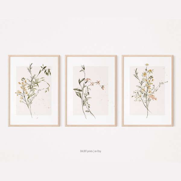 Wildblumen Druck 3er Set, 3 Stück Wildblumen Wandkunst, Aquarell Wildblumen Wandkunst, Wildblumen Digitaldrucke, herunterladbare Drucke