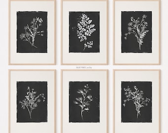 Floral Prints, Set of 6 Black Wall art, Floral Art Print, Black Wall decor, Floral Digital Products for Japanese home decor, Digital Art
