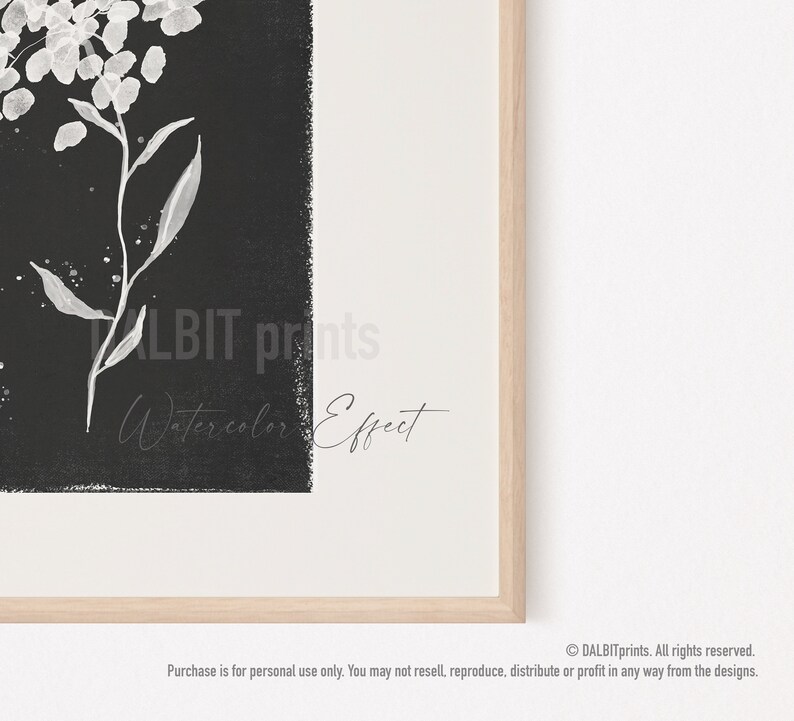 May include: A black and white watercolor print of a floral design with the text "DALBIT prints Watercolor Effect".