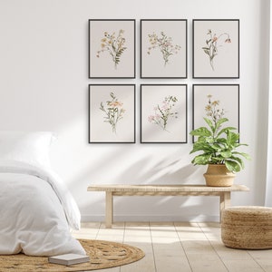 May include: Six framed botanical prints of different types of flowers in shades of pink, white, and yellow, hanging on a white wall above a wooden bench and a woven stool.