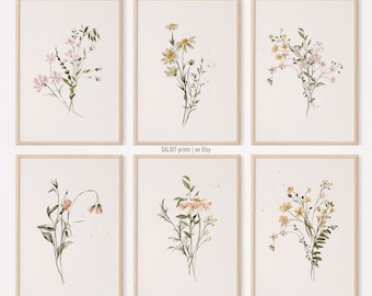 Arte della parete di fiori di campo dell'acquerello, set di 6 fiori di campo, stampe digitali di fiori selvatici, stampa botanica scaricabile, arredamento per la casa della fattoria