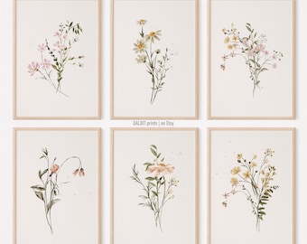 Watercolor Wildflower Wall Art, Wildflower Set of 6 Wall Art, Wild Flower Digital Prints, Botanical Downloadable Print, Farmhouse home decor