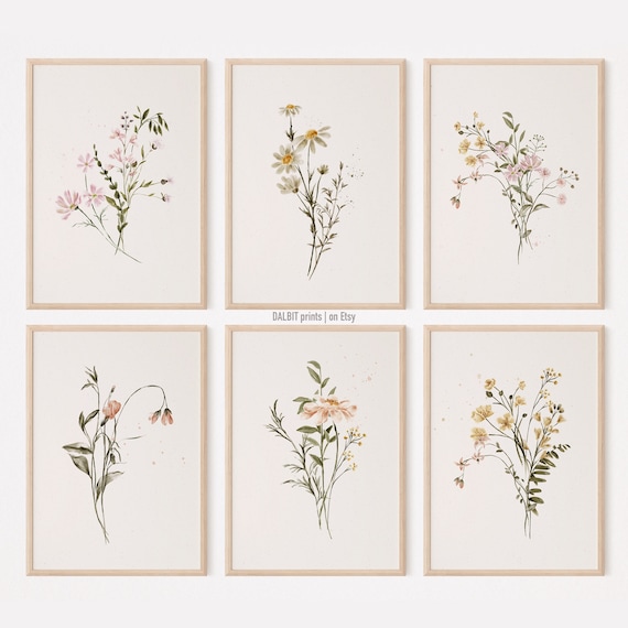Watercolor Wildflower Wall Art, Wildflower Set of 6 Wall Art, Wild Flower Digital Prints, Botanical Downloadable Print, Farmhouse home decor
