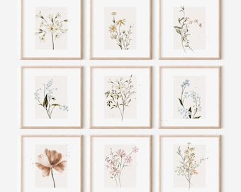 Square Wildflower Print, Set of 9 Prints, Watercolor Wildflower Print, 9Piece Wildflower Gallery Wall Set, Watercolor Wildflower Digital Art