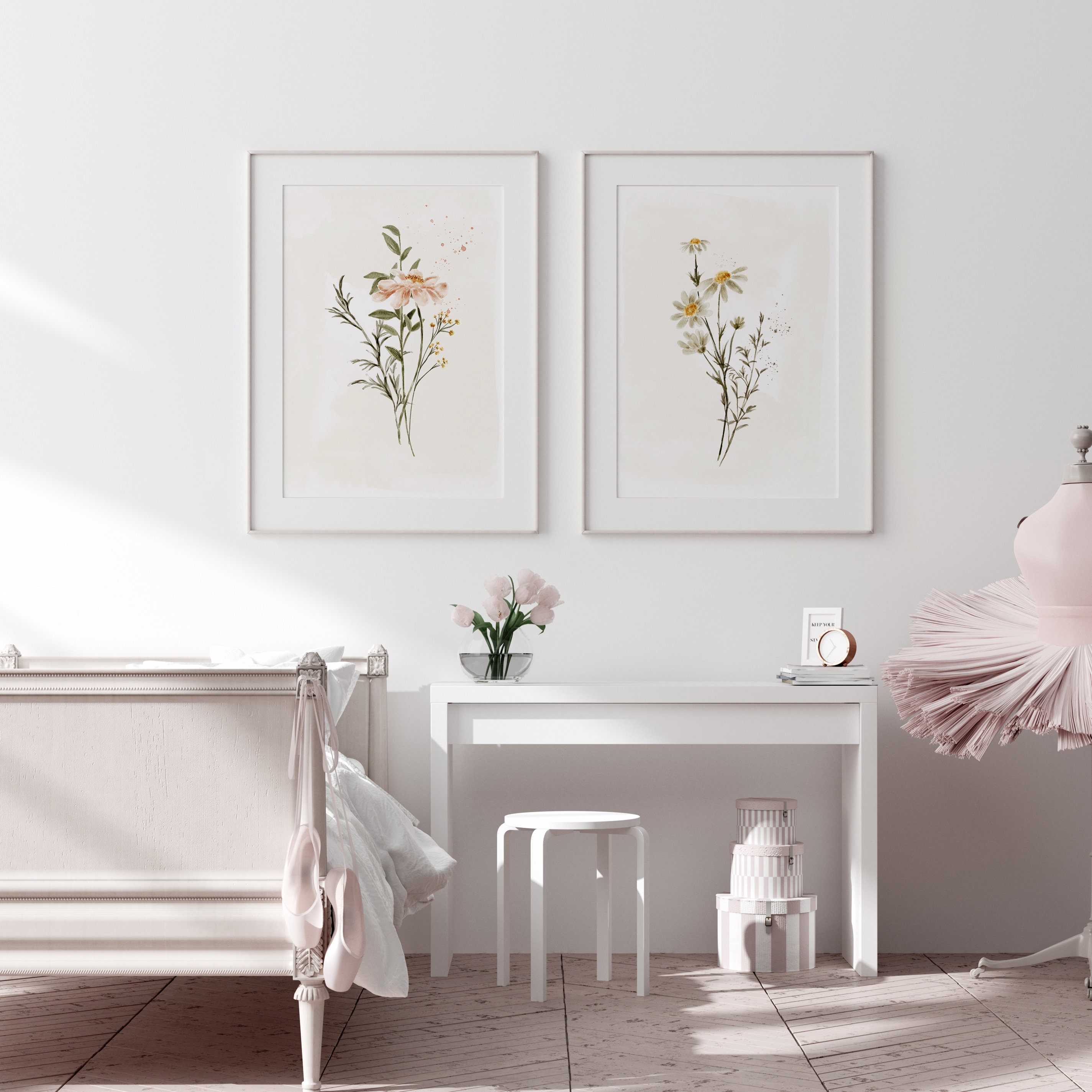 Daisy Nursery Wall Art, Daisy Flower Set of 2 Prints, Floral Nursery ...