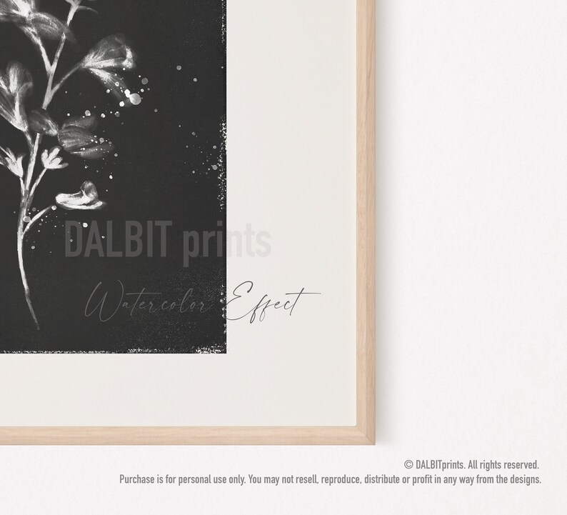 May include: A black and white watercolor print of a floral design with the text "DALBIT prints Watercolor Effect".