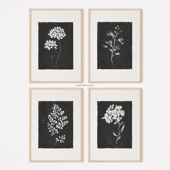 Minimalist Botanical Floral Prints Set - Black & White Floral Wall Decor Art - Wildflower Collection, Set of 4 Floral Prints, Botanical Art