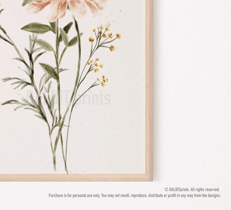 May include: A watercolor painting of a bouquet of flowers with a peach-colored flower and yellow flowers with green stems.